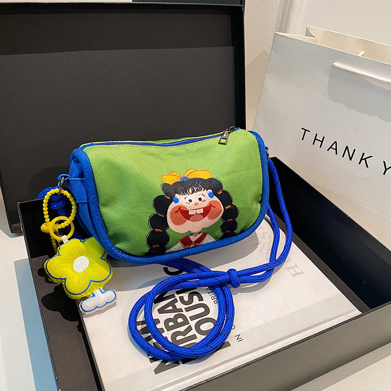 Whimsical Cartoon Girl Crossbody Bag - Lightweight Canvas with Adjustable Rope Strap & Flower Charm(green) - Image 2