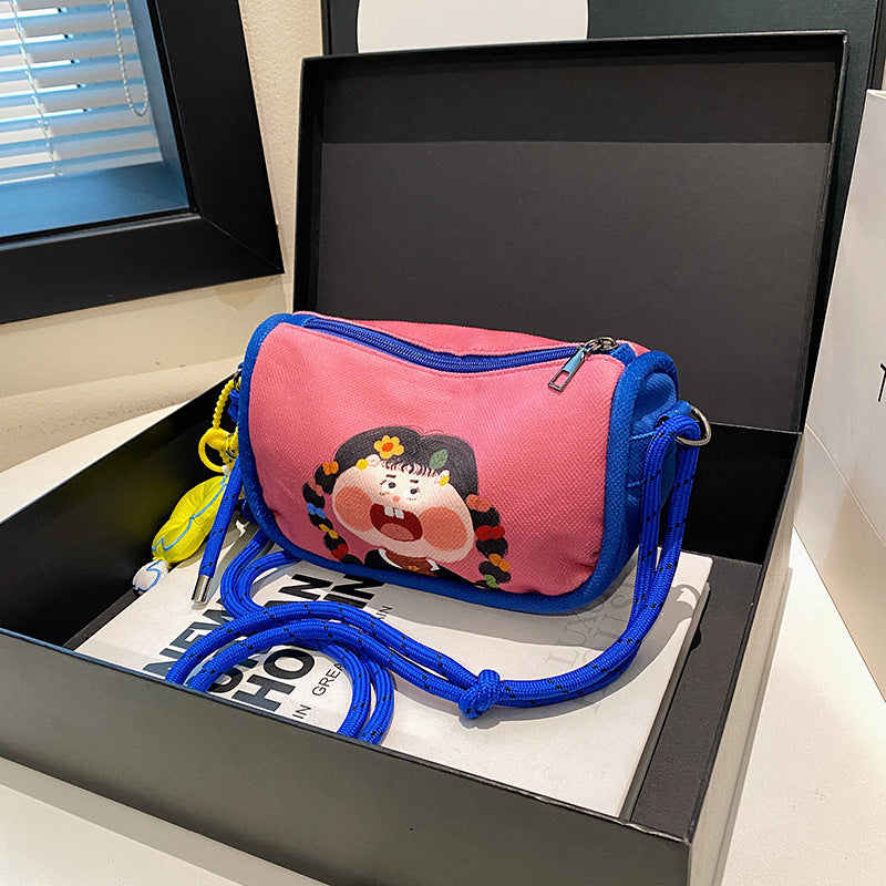 Whimsical Cartoon Girl Crossbody Bag - Lightweight Canvas with Adjustable Rope Strap & Flower Charm(Purple) - Image 3
