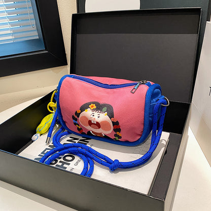 Whimsical Cartoon Girl Crossbody Bag - Lightweight Canvas with Adjustable Rope Strap & Flower Charm(Purple) - Image 3