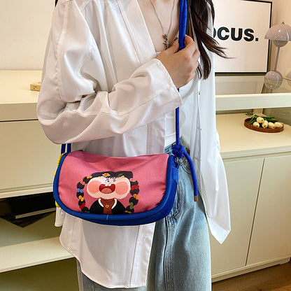 Whimsical Cartoon Girl Crossbody Bag - Lightweight Canvas with Adjustable Rope Strap & Flower Charm(Pink) - Image 4