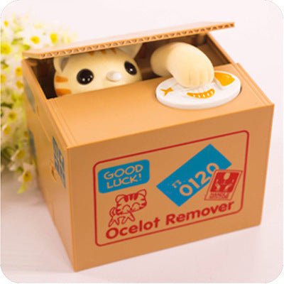 Adorable Cat Stealing Coin Piggy Bank - Automatic Money Saving Box for Kids & Adults(English yellow cat)