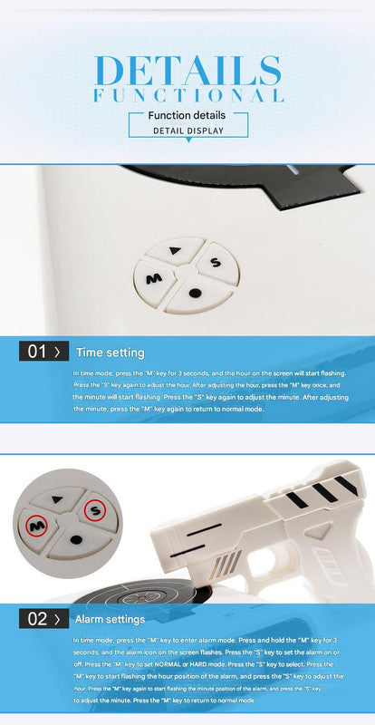 Gun Alarm Clock - Target Shooting Alarm with Infrared Gun, Recordable Alarm & Game Modes(white) - Image 2