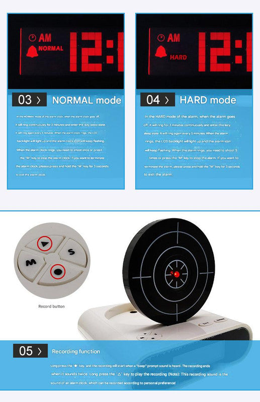 Gun Alarm Clock - Target Shooting Alarm with Infrared Gun, Recordable Alarm & Game Modes(Black) - Image 3