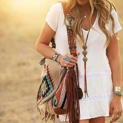 Bohemian Style Canvas Hobo Bag with Tassels & Geometric Print - Large Capacity Shoulder Bag(Khaki) - Image 2
