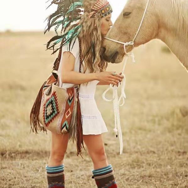 Bohemian Style Canvas Hobo Bag with Tassels & Geometric Print - Large Capacity Shoulder Bag(Khaki) - Image 3