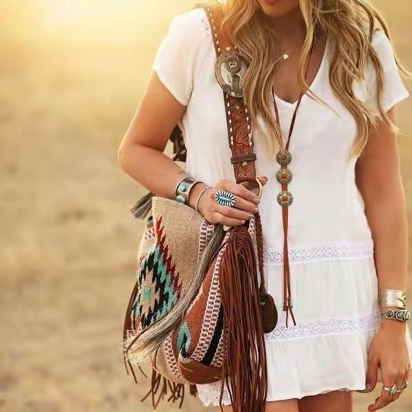 Bohemian Style Canvas Hobo Bag with Tassels & Geometric Print - Large Capacity Shoulder Bag(green) - Image 2