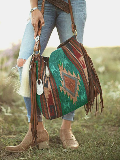 Bohemian Style Canvas Hobo Bag with Tassels & Geometric Print - Large Capacity Shoulder Bag(green) - Image 4