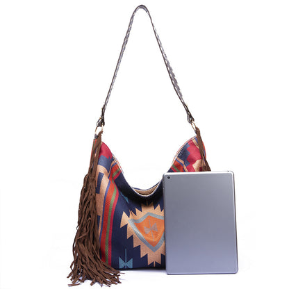 Bohemian Style Canvas Hobo Bag with Tassels & Geometric Print - Large Capacity Shoulder Bag(green) - Image 7