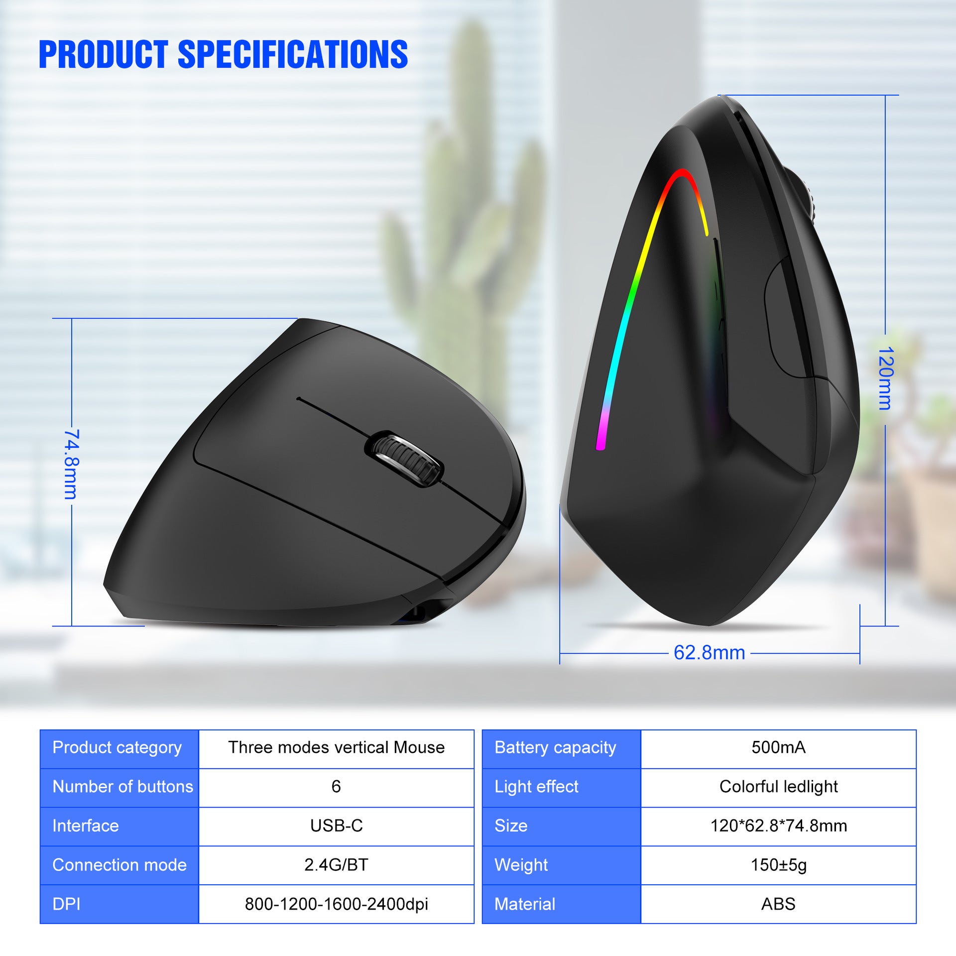 Ergonomic Vertical Wireless Mouse - 2.4G/Bluetooth, Rechargeable, RGB Light, 4 DPI Levels(white) - Image 5