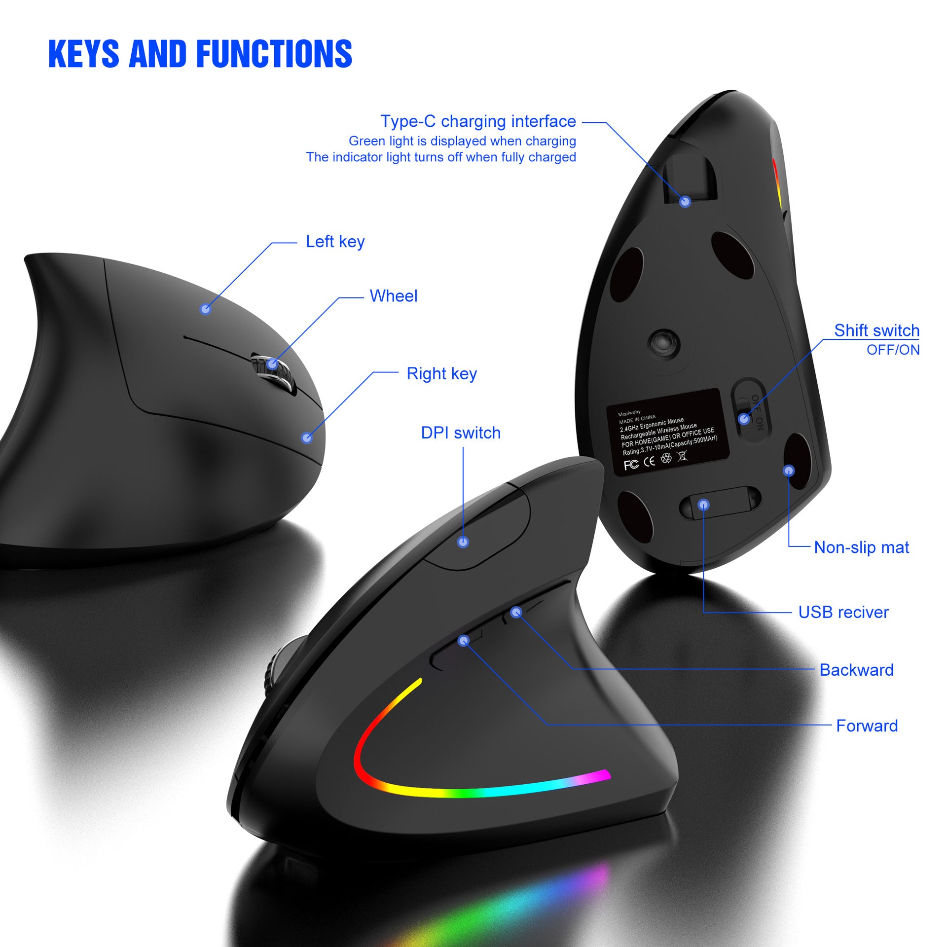 Ergonomic Vertical Wireless Mouse - 2.4G/Bluetooth, Rechargeable, RGB Light, 4 DPI Levels(black) - Image 2