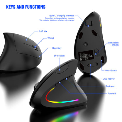 Ergonomic Vertical Wireless Mouse - 2.4G/Bluetooth, Rechargeable, RGB Light, 4 DPI Levels(black) - Image 2