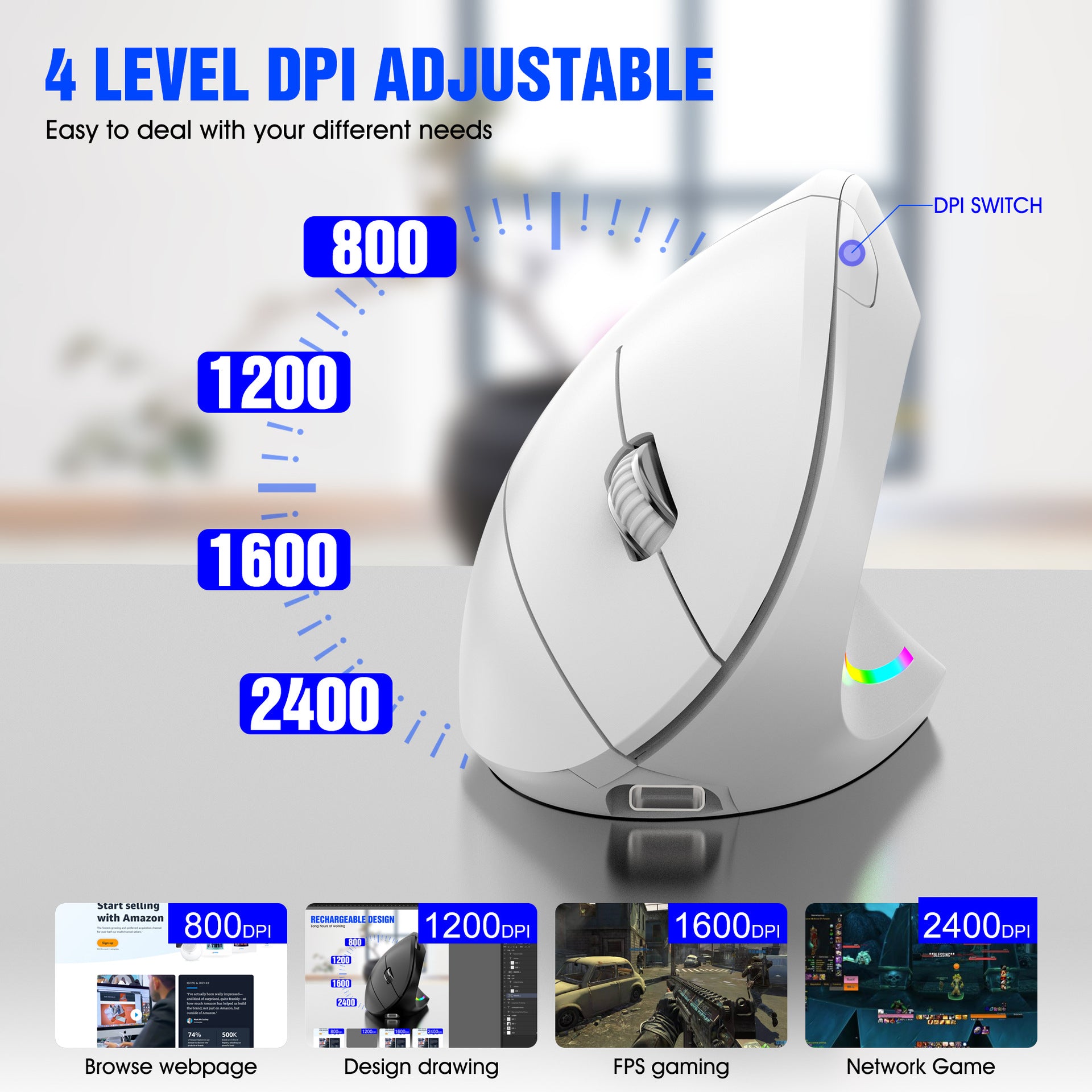 Ergonomic Vertical Wireless Mouse - 2.4G/Bluetooth, Rechargeable, RGB Light, 4 DPI Levels(black) - Image 3