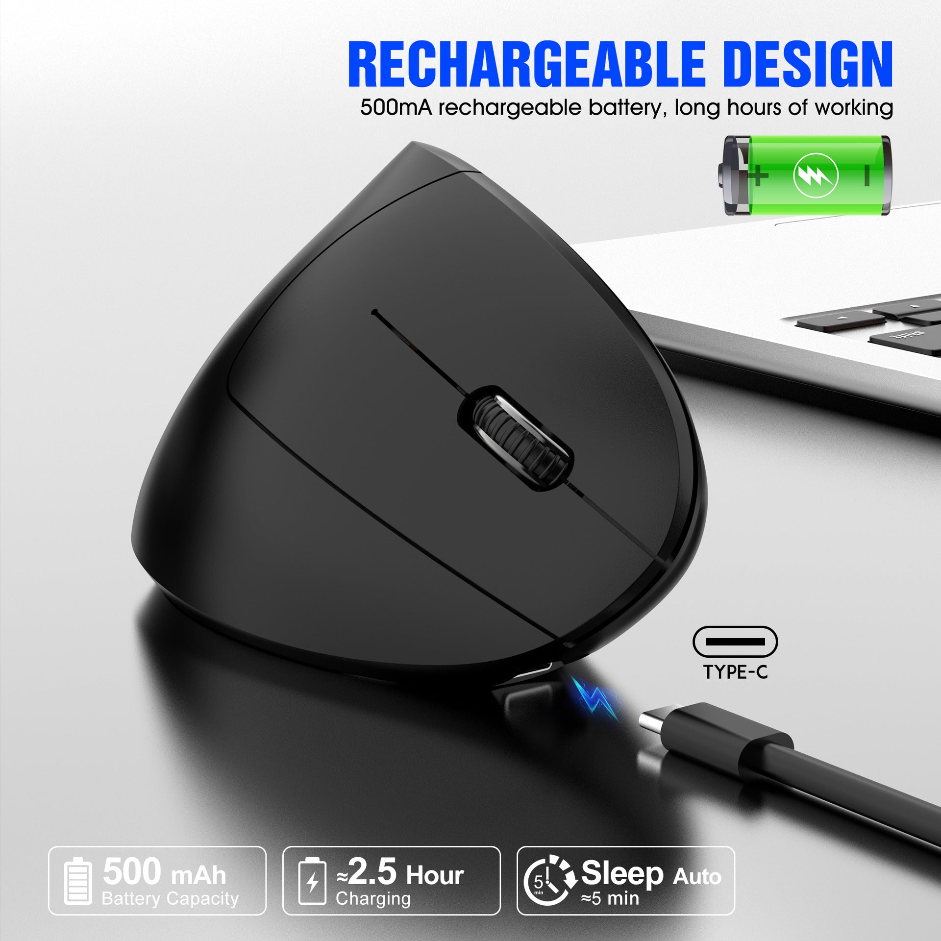 Ergonomic Vertical Wireless Mouse - 2.4G/Bluetooth, Rechargeable, RGB Light, 4 DPI Levels(black) - Image 4
