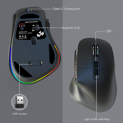 Ergonomic Vertical Wireless Mouse - Dual Mode (2.4G + Bluetooth), RGB Light, Rechargeable 500mAh Battery(White) - Image 4