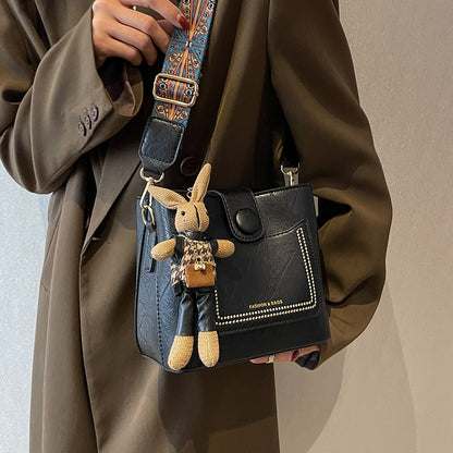 Vintage Style PU Leather Bucket Bag with Wide Patterned Strap & Optional Bunny Charm(caramel) - Image 3
