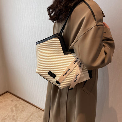 Chic Textured PU Leather Tote Bag with V-Cut Design & Decorative Ribbon Strap Accent(Coffee) - Image 3