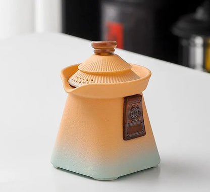 Artisan Ceramic Tea Pot with Built-in Strainer - 280ml, Gradient Finish & Wooden Accents(Yellow+cyan)