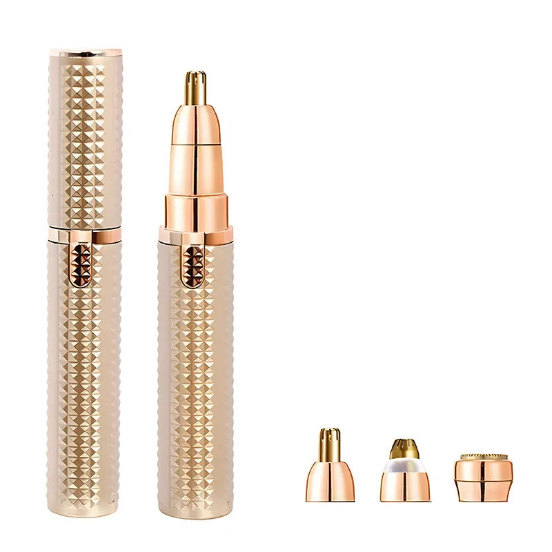 3-in-1 Rechargeable Electric Trimmer for Women - Nose, Eyebrow & Facial Hair Remover with Washable Heads & LED Light(Gold)