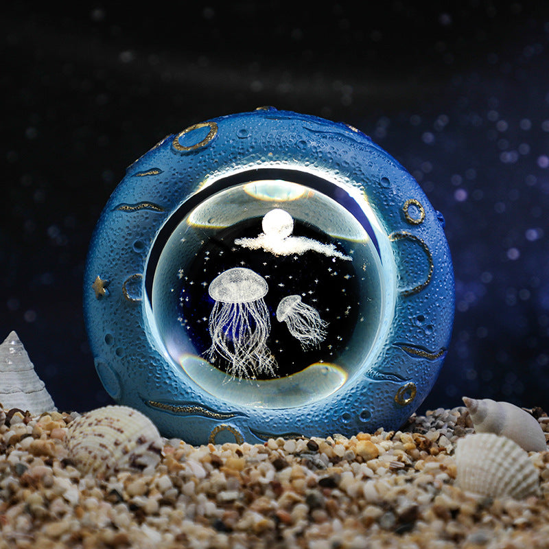 Celestial Ring LED Crystal Ball Lamp - 3D Engraving, Unique Gift (Jellyfish)
