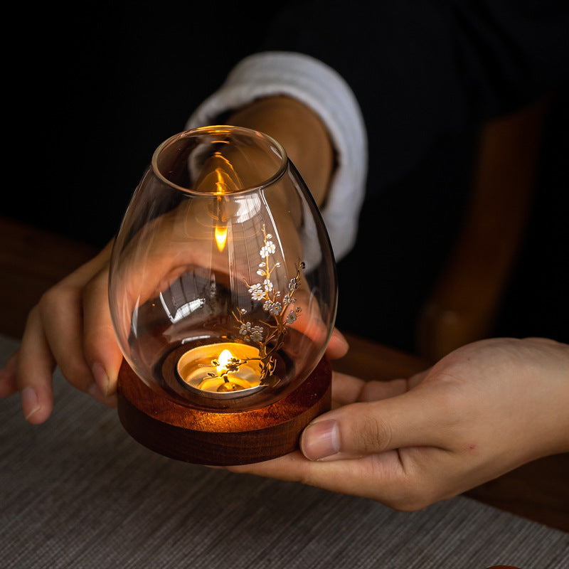 Windproof Glass Candle Cover with Wood Base - For Tealights, Zen Home Accent (Plum blossom candlestick) - Image 2
