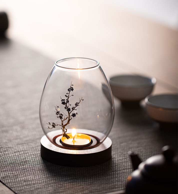 Windproof Glass Candle Cover with Wood Base - For Tealights, Zen Home Accent (Plum blossom candlestick) - Image 4