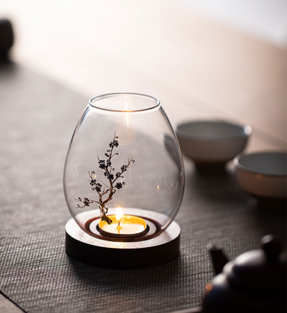 Windproof Glass Candle Cover with Wood Base - For Tealights, Zen Home Accent (Plum blossom candlestick) - Image 4