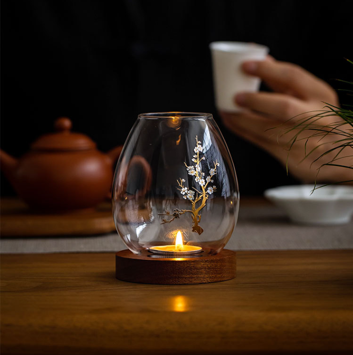 Windproof Glass Candle Cover with Wood Base - For Tealights, Zen Home Accent (Plum blossom candlestick) - Image 5