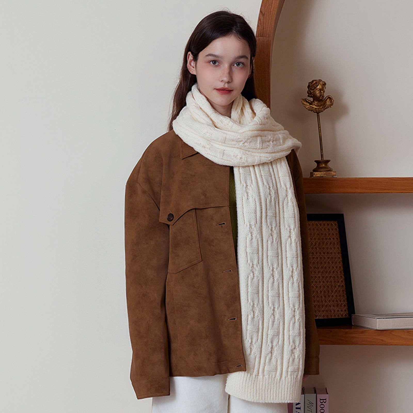 White Classic Textured Knit Scarf - Solid Color, Premium Soft Feel, Winter (176x26.5cm) - Image 2
