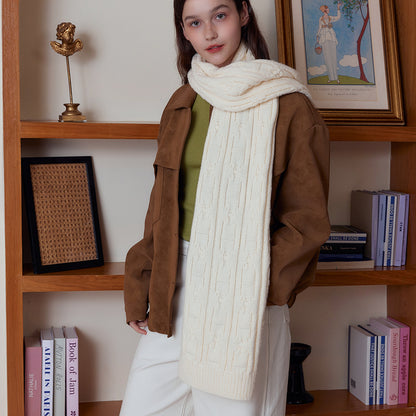 White Classic Textured Knit Scarf - Solid Color, Premium Soft Feel, Winter (176x26.5cm) - Image 3