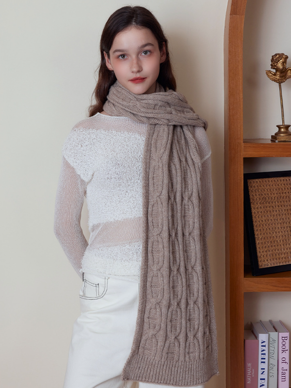 Khaki Classic Textured Knit Scarf - Solid Color, Premium Soft Feel, Winter (176x26.5cm) - Image 2