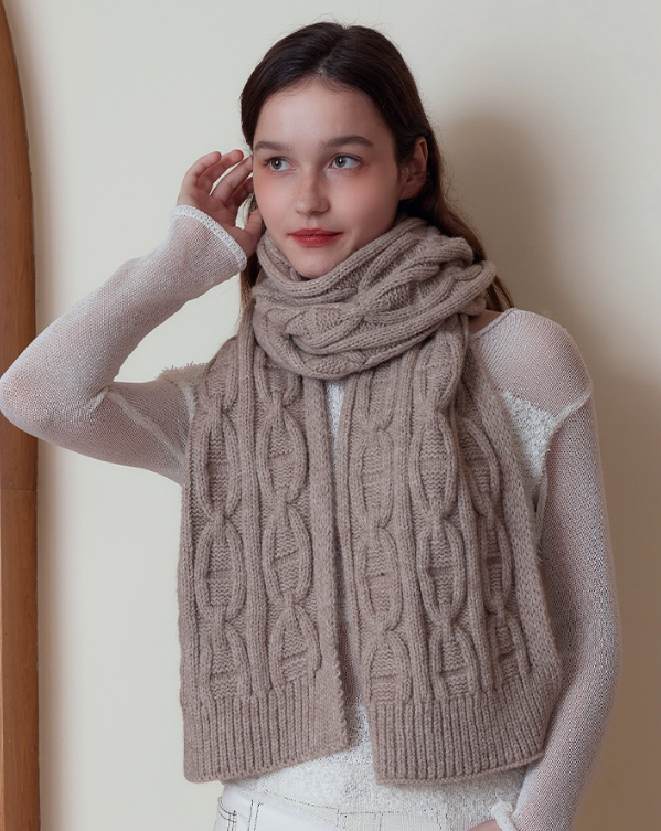 Khaki Classic Textured Knit Scarf - Solid Color, Premium Soft Feel, Winter (176x26.5cm) - Image 4