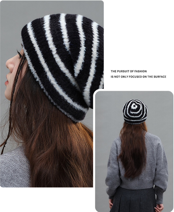 Trendy Dual-Tone Striped Beanie - Soft Plush Knit, Versatile Winter Cap (Black and white) - Image 3