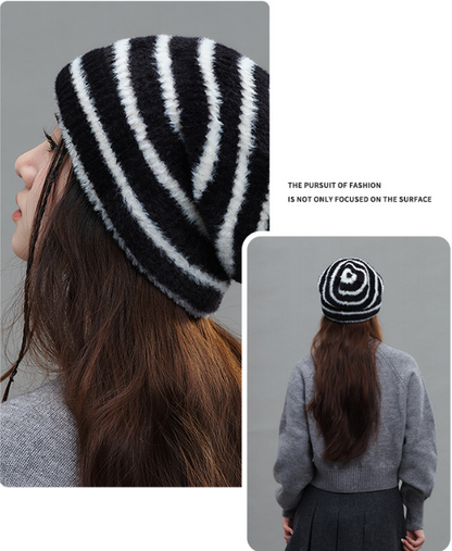 Trendy Dual-Tone Striped Beanie - Soft Plush Knit, Versatile Winter Cap (Black and white) - Image 3