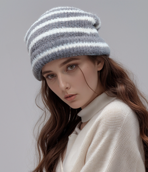 Trendy Dual-Tone Striped Beanie - Soft Plush Knit, Versatile Winter Cap (Gray and white) - Image 3