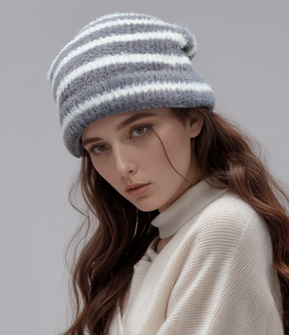 Trendy Dual-Tone Striped Beanie - Soft Plush Knit, Versatile Winter Cap (Gray and white) - Image 3