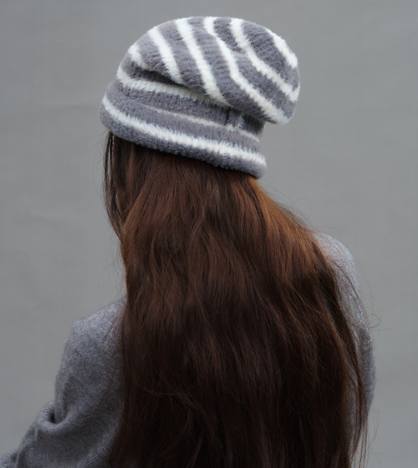 Trendy Dual-Tone Striped Beanie - Soft Plush Knit, Versatile Winter Cap (Gray and white) - Image 4