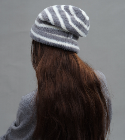 Trendy Dual-Tone Striped Beanie - Soft Plush Knit, Versatile Winter Cap (Gray and white) - Image 4