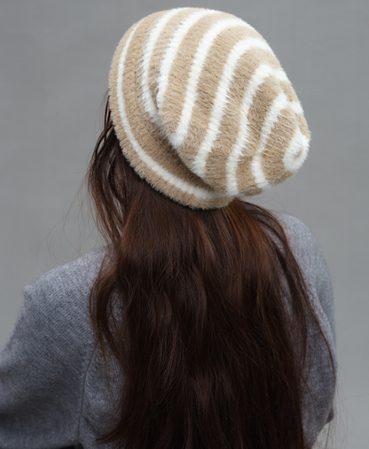 Trendy Dual-Tone Striped Beanie - Soft Plush Knit, Versatile Winter Cap (Khaki and white) - Image 3