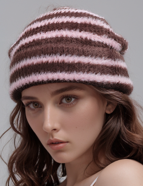 Trendy Dual-Tone Striped Beanie - Soft Plush Knit, Versatile Winter Cap (Pink and brown) - Image 2