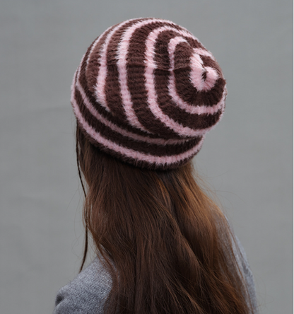 Trendy Dual-Tone Striped Beanie - Soft Plush Knit, Versatile Winter Cap (Pink and brown) - Image 3