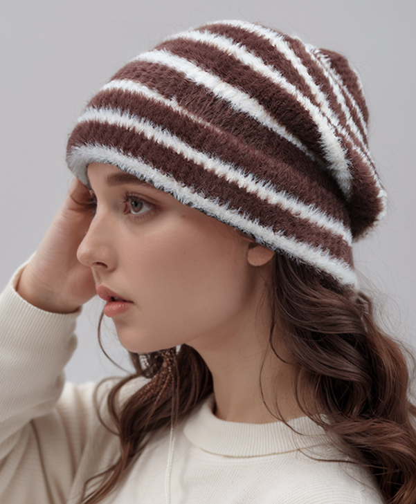 Trendy Dual-Tone Striped Beanie - Soft Plush Knit, Versatile Winter Cap (Brown and white) - Image 2