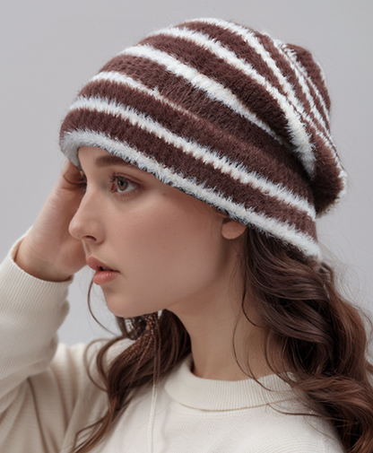 Trendy Dual-Tone Striped Beanie - Soft Plush Knit, Versatile Winter Cap (Brown and white) - Image 2