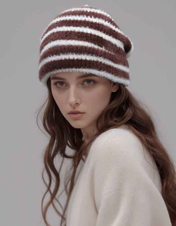 Trendy Dual-Tone Striped Beanie - Soft Plush Knit, Versatile Winter Cap (Brown and white) - Image 3