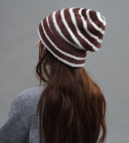 Trendy Dual-Tone Striped Beanie - Soft Plush Knit, Versatile Winter Cap (Brown and white) - Image 4