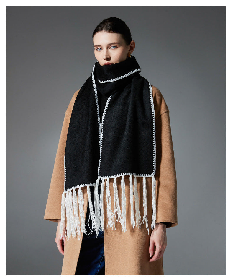 Black Contrast Edge & Tassel Scarf - Chic Autumn/Winter Neckwear (190x30cm) - Image 3