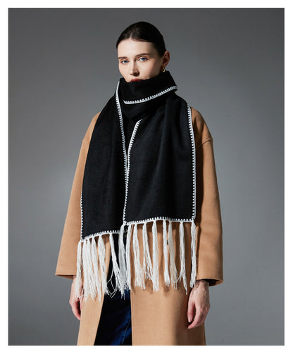 Black Contrast Edge & Tassel Scarf - Chic Autumn/Winter Neckwear (190x30cm) - Image 3