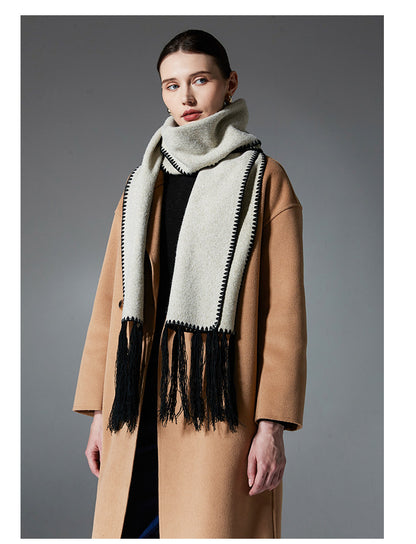 Beige Contrast Edge & Tassel Scarf - Chic Autumn/Winter Neckwear (190x30cm) - Image 3