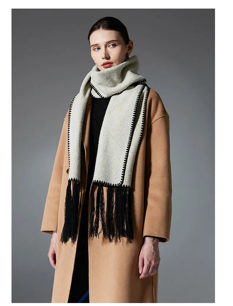 Beige Contrast Edge & Tassel Scarf - Chic Autumn/Winter Neckwear (190x30cm) - Image 3