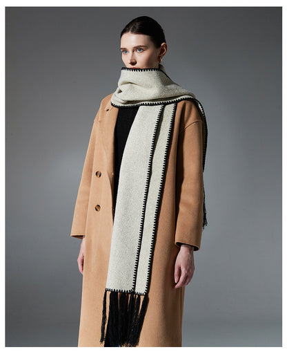 Beige Contrast Edge & Tassel Scarf - Chic Autumn/Winter Neckwear (190x30cm) - Image 4