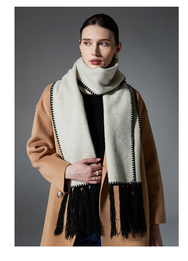 Beige Contrast Edge & Tassel Scarf - Chic Autumn/Winter Neckwear (190x30cm) - Image 5
